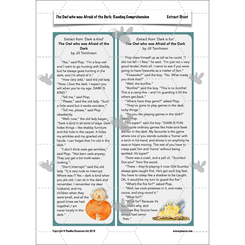 PlanBee The Owl who was Afraid of the Dark | KS2 Comprehension
