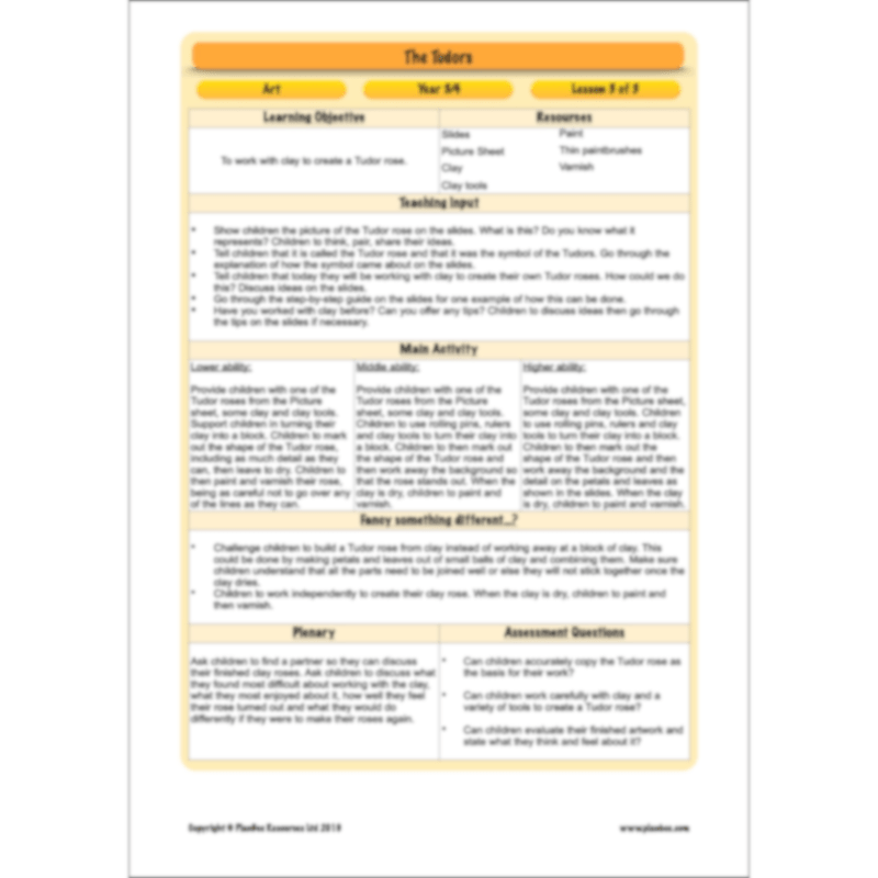 PlanBee The Tudors Topic KS2 Enrichment Lesson Pack