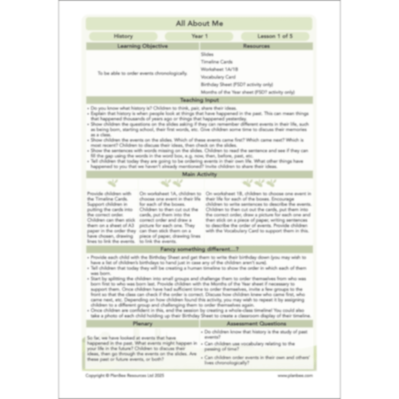 PlanBee All About Me KS1 History Lesson Planning Pack