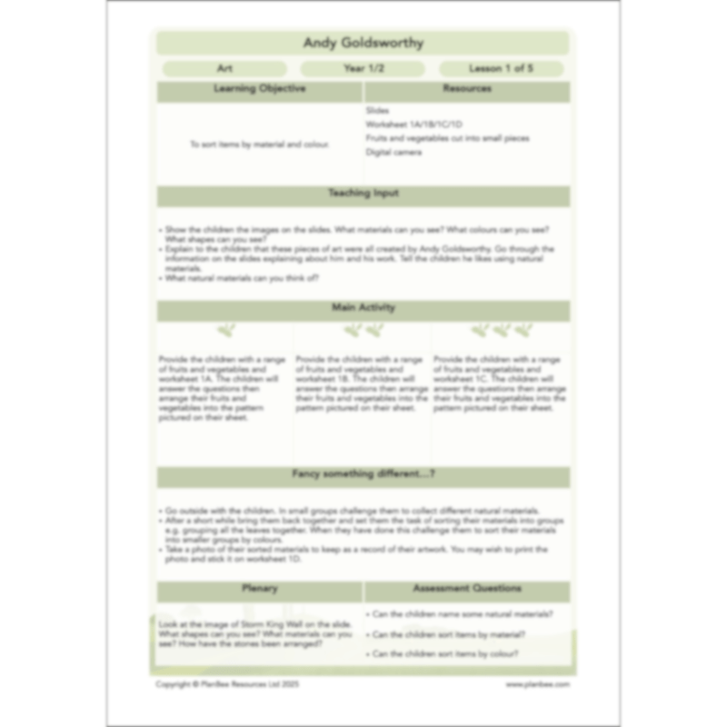 PlanBee Andy Goldsworthy KS1 Art Lesson Plans created by PlanBee