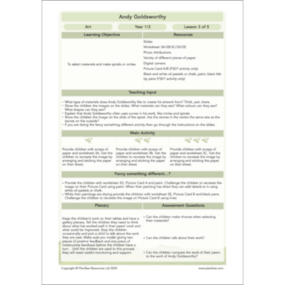 PlanBee Andy Goldsworthy KS1 Art Lesson Plans created by PlanBee