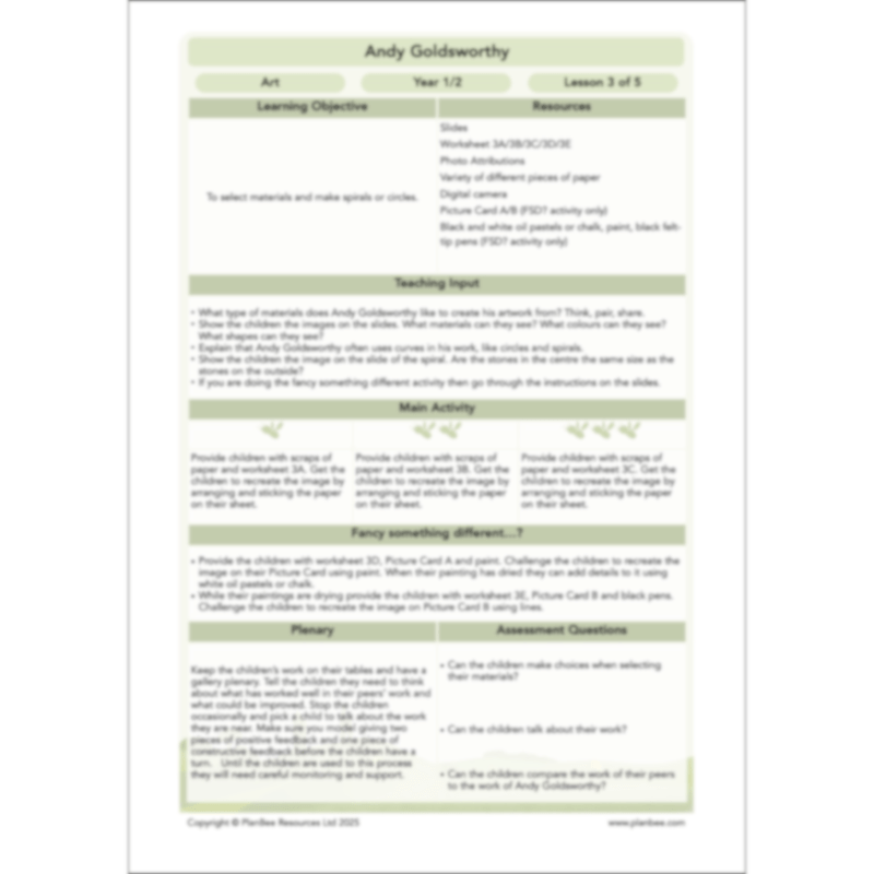 PlanBee Andy Goldsworthy KS1 Art Lesson Plans created by PlanBee