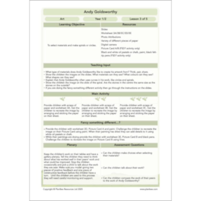 PlanBee Andy Goldsworthy KS1 Art Lesson Plans created by PlanBee