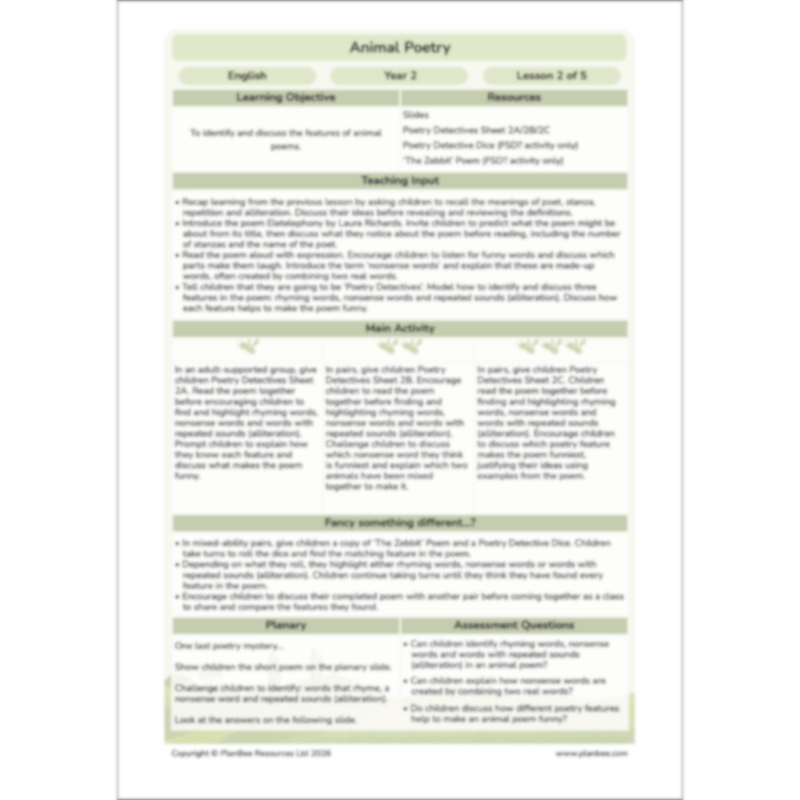 PlanBee Animal Poetry KS1 English Lesson Pack