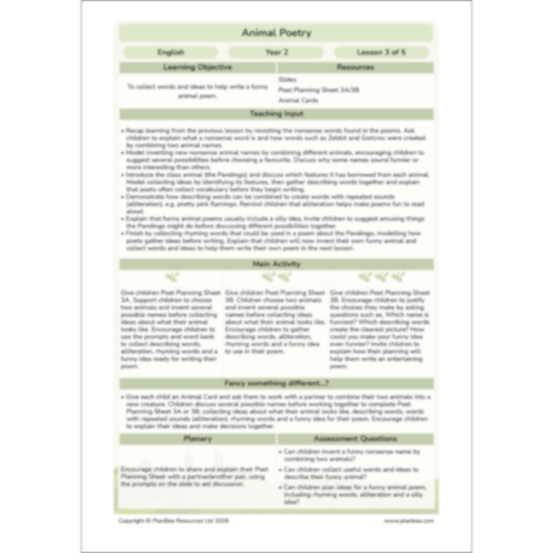 PlanBee Animal Poetry KS1 English Lesson Pack