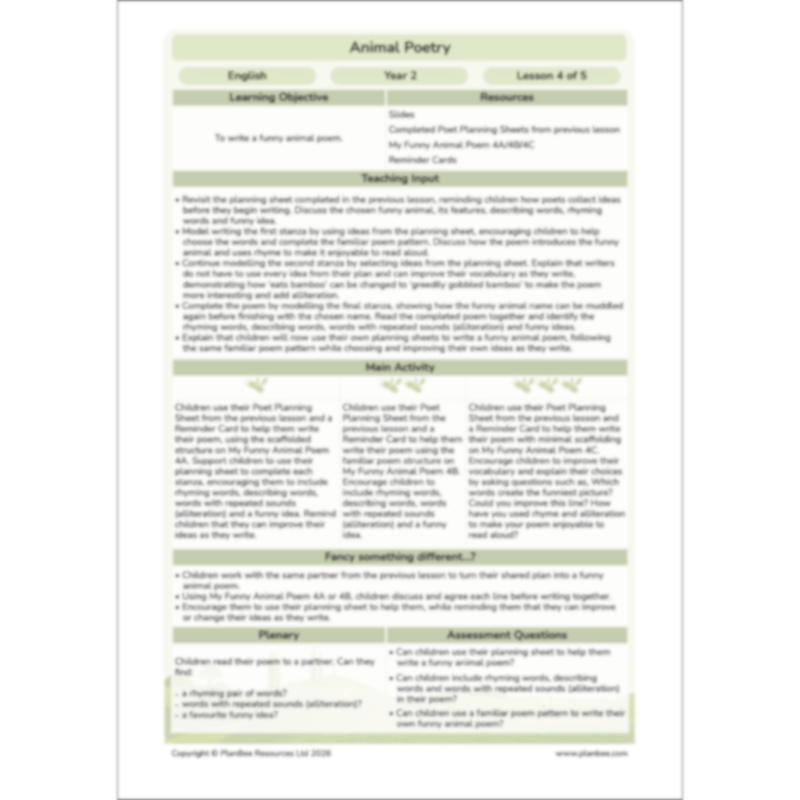 PlanBee Animal Poetry KS1 English Lesson Pack