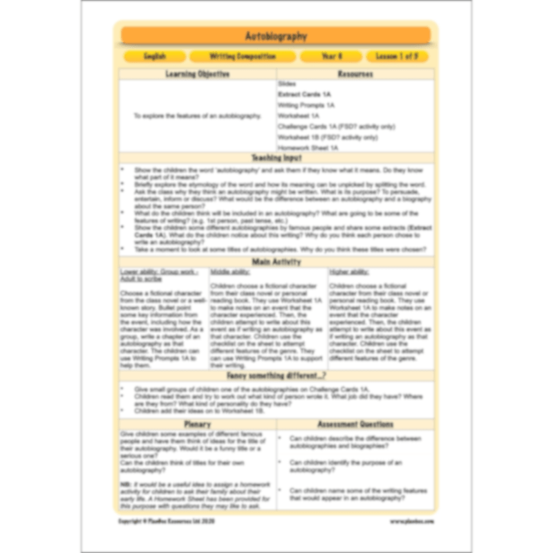 PlanBee Autobiography KS2 English Planning and Resources