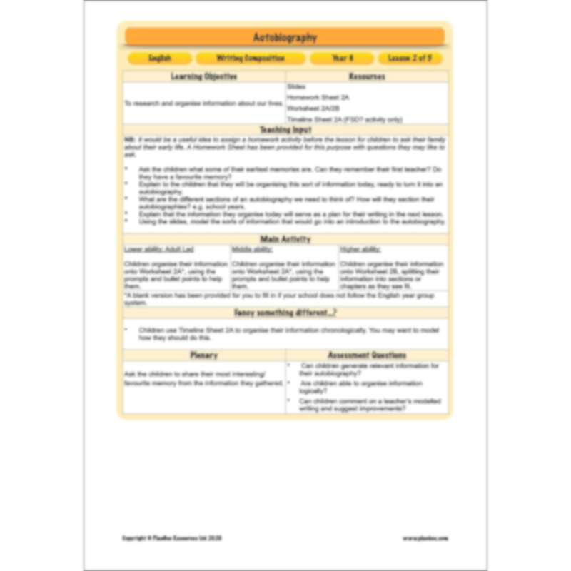 PlanBee Autobiography KS2 English Planning and Resources