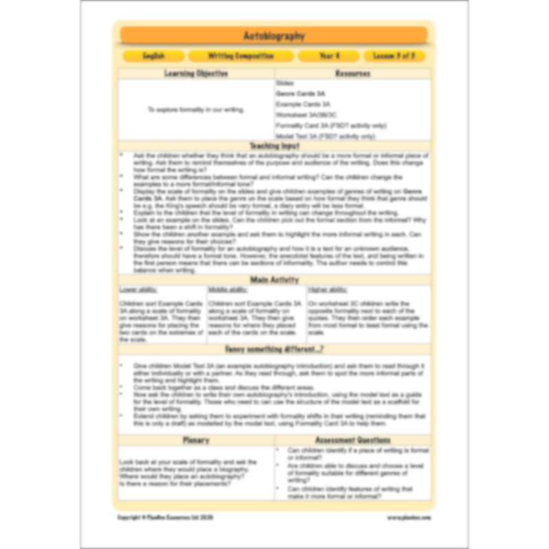 PlanBee Autobiography KS2 English Planning and Resources