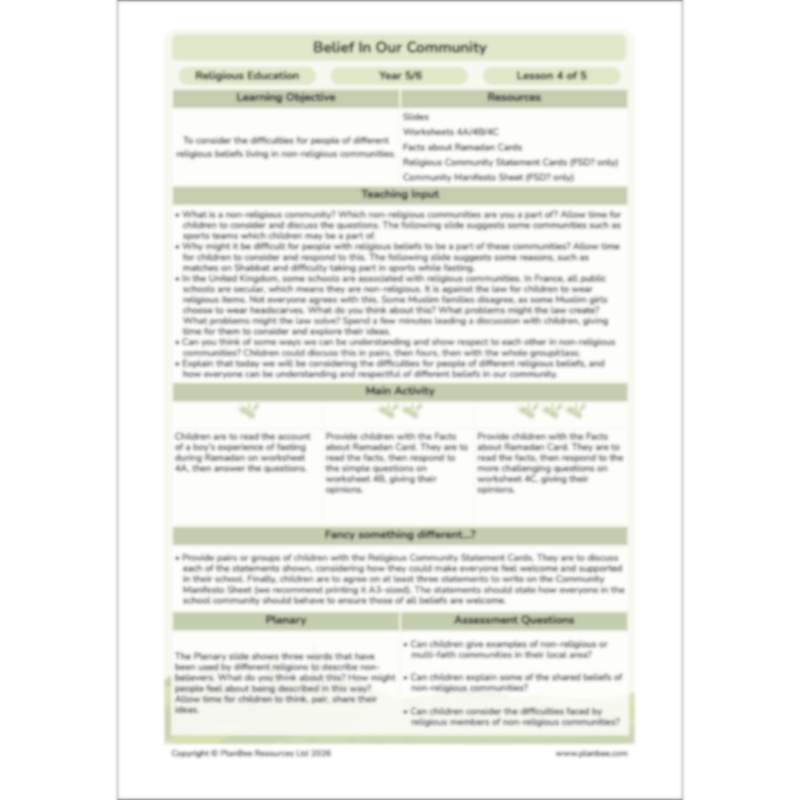 PlanBee Belief In Our Community: Complete set of KS2 RE lessons