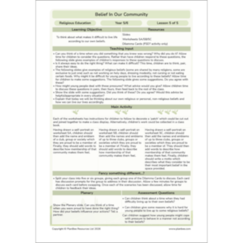 PlanBee Belief In Our Community: Complete set of KS2 RE lessons