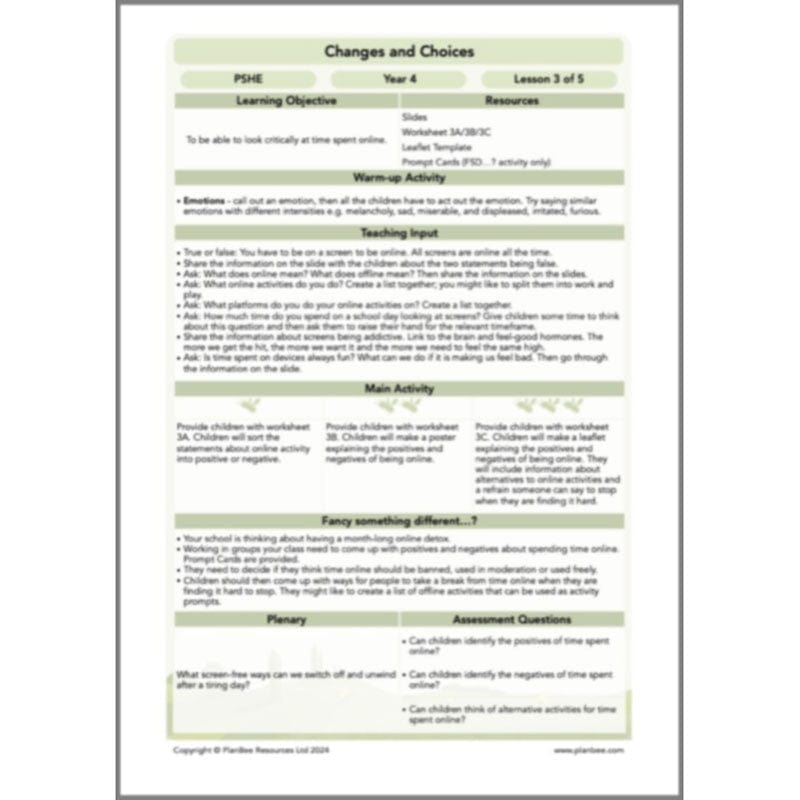 PlanBee Changes and Choices Year 4 PSHE Lesson Pack by PlanBee