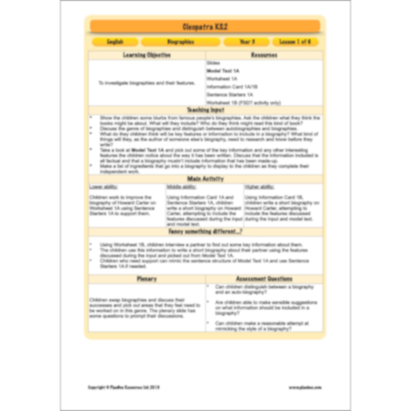 PlanBee Cleopatra KS2 | English Lesson Pack