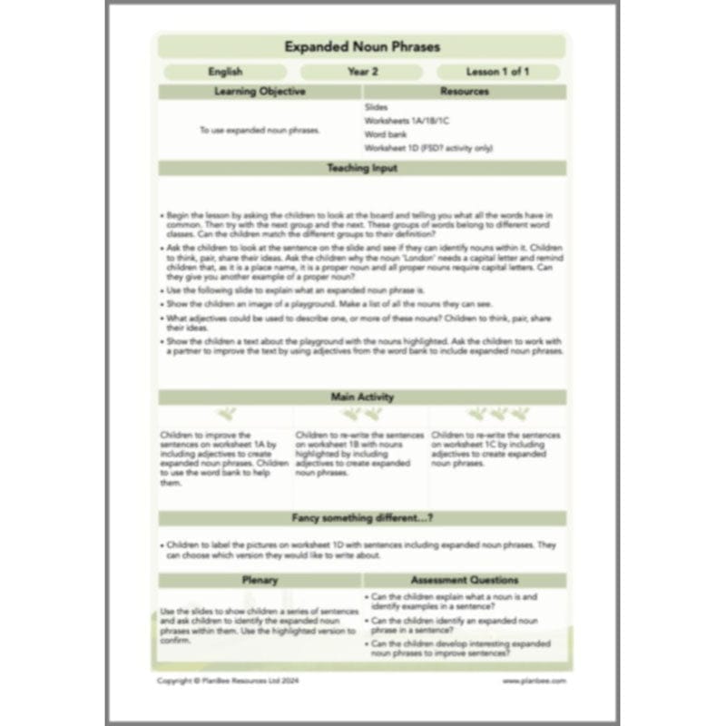 PlanBee Expanded Noun Phrases Year 2 Lesson Pack | PlanBee