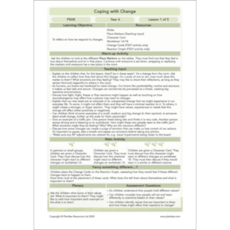 PlanBee Coping with Change - Year 6 Transition PSHE Activities