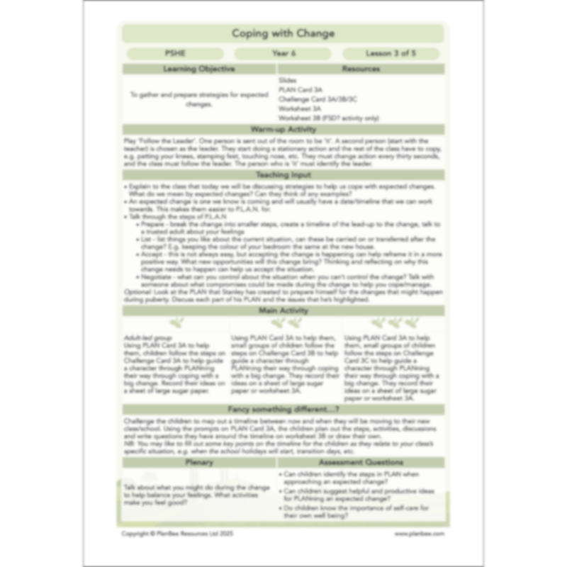 PlanBee Coping with Change - Year 6 Transition PSHE Activities