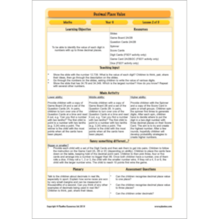 PlanBee Year 6 Decimal Place Value Maths Lessons by PlanBee