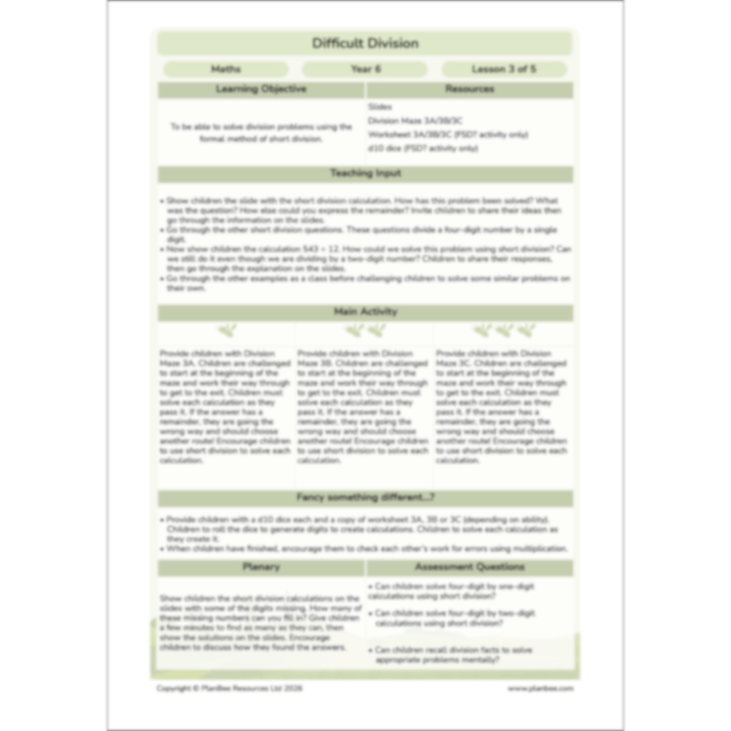 PlanBee Division Year 6 Maths Lessons and Worksheets by PlanBee