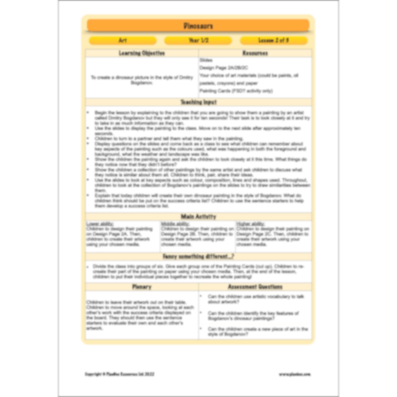 PlanBee Dinosaurs KS1 Topic Enrichment Lesson Pack