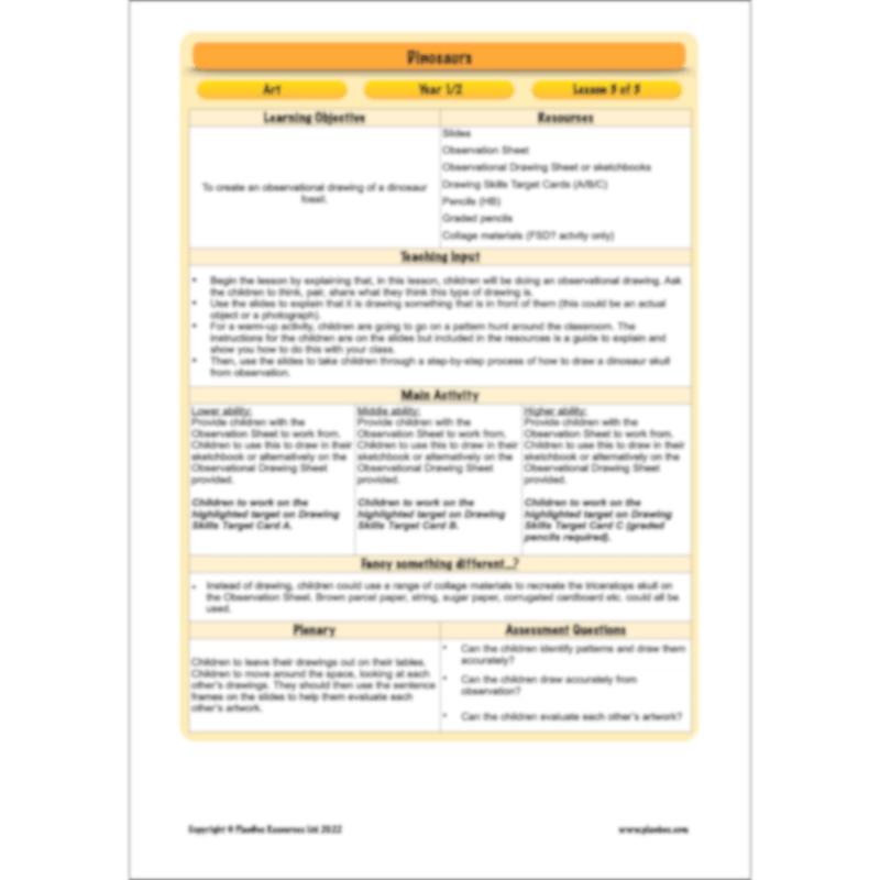PlanBee Dinosaurs KS1 Topic Enrichment Lesson Pack