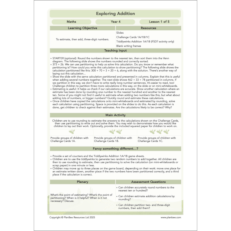 PlanBee Exploring Addition Year 4 Maths Planning by PlanBee