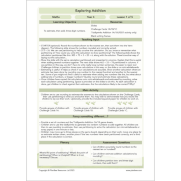 PlanBee Exploring Addition Year 4 Maths Planning by PlanBee