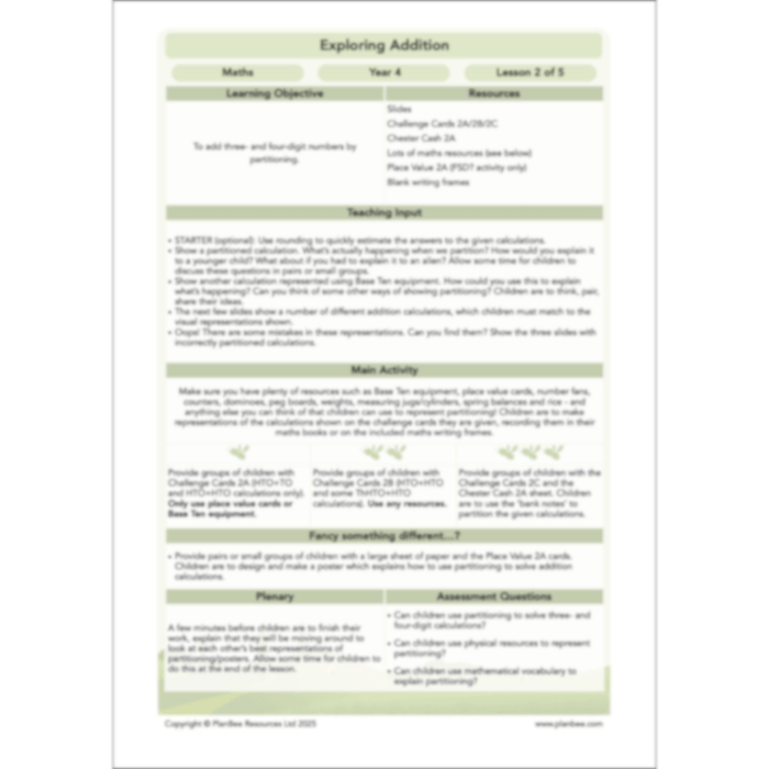 PlanBee Exploring Addition Year 4 Maths Planning by PlanBee