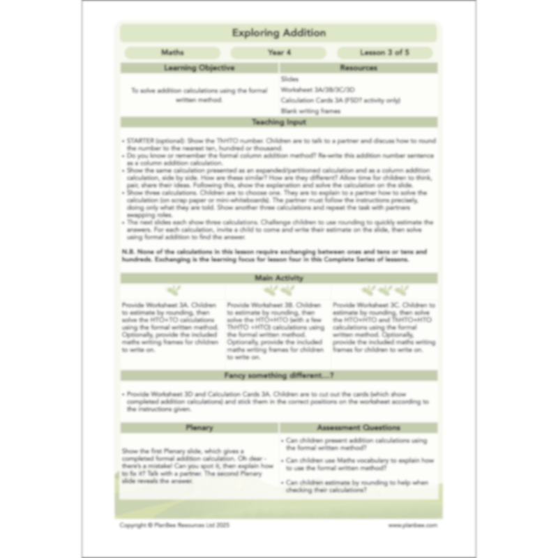 PlanBee Exploring Addition Year 4 Maths Planning by PlanBee