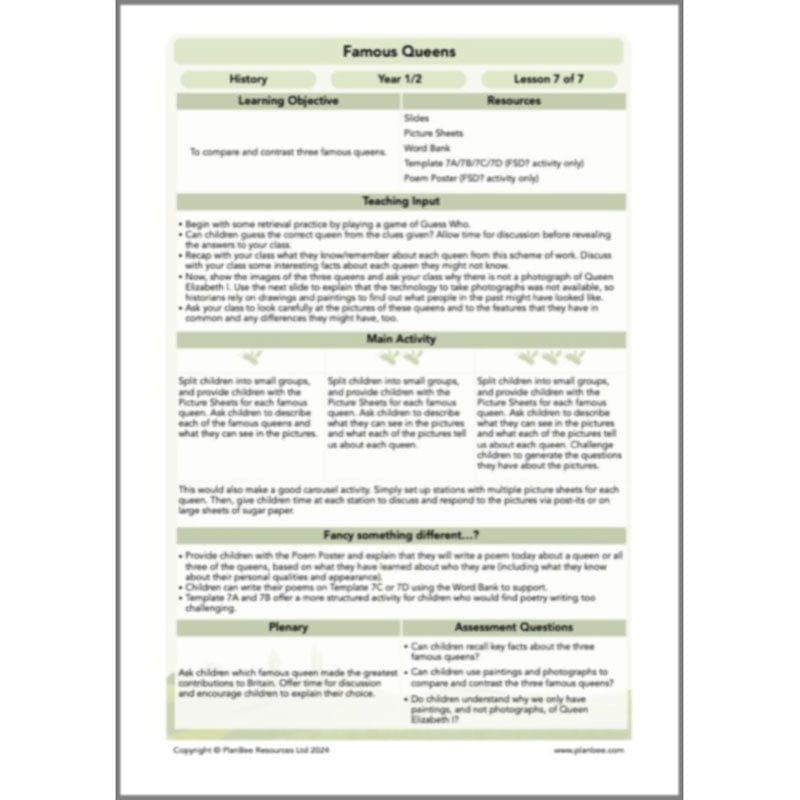 PlanBee Famous Queens | KS1 History Lesson Pack by PlanBee