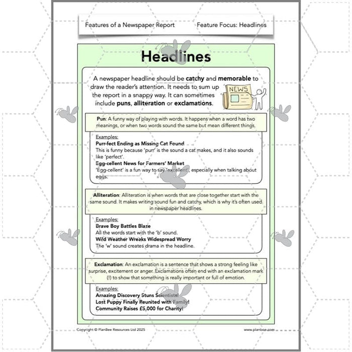 PlanBee Features of a Newspaper Report KS2 Lesson Pack | PlanBee