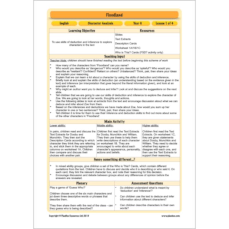 PlanBee Floodland: Character Analysis KS2 | English Lesson Pack