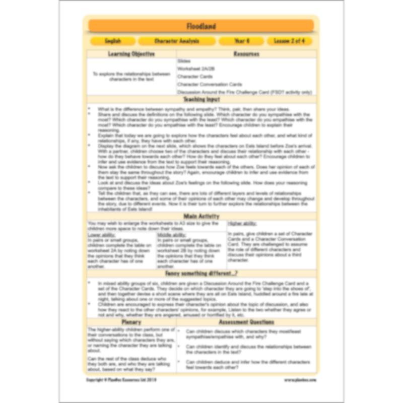 PlanBee Floodland: Character Analysis KS2 | English Lesson Pack