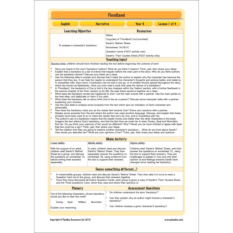 PlanBee Floodland: Narrative KS2 | Year 6 English Lesson Pack