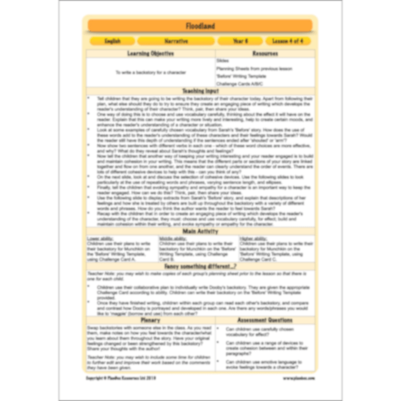 PlanBee Floodland: Narrative KS2 | Year 6 English Lesson Pack