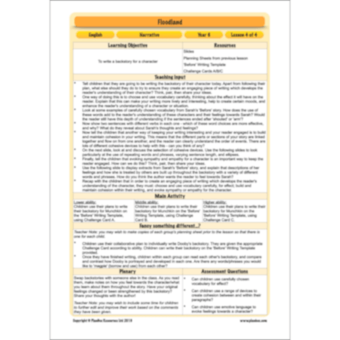 PlanBee Floodland: Narrative KS2 | Year 6 English Lesson Pack