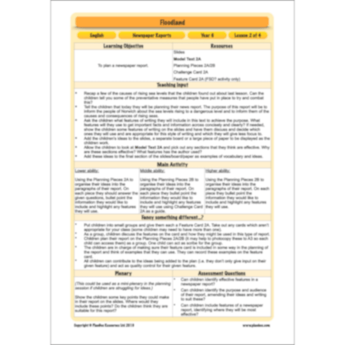 PlanBee Floodland: Newspaper Reports KS2 | Year 6 English Pack