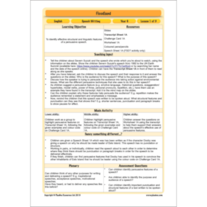 PlanBee FREE Mini-scheme | Floodland: Speech Writing KS2 English