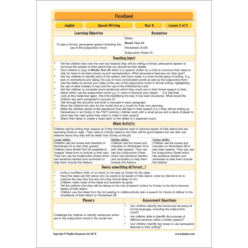 PlanBee FREE Mini-scheme | Floodland: Speech Writing KS2 English