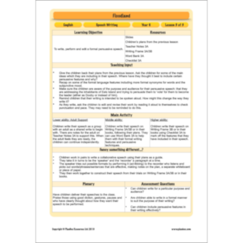 PlanBee FREE Mini-scheme | Floodland: Speech Writing KS2 English