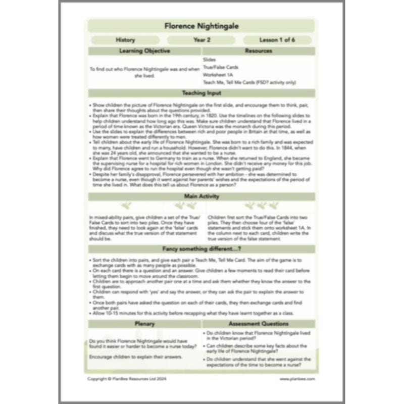 PlanBee Florence Nightingale KS1 Lesson Pack by PlanBee