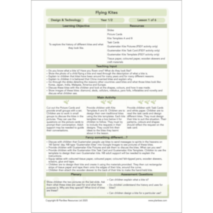 PlanBee Flying Kites KS1 DT Lesson Pack