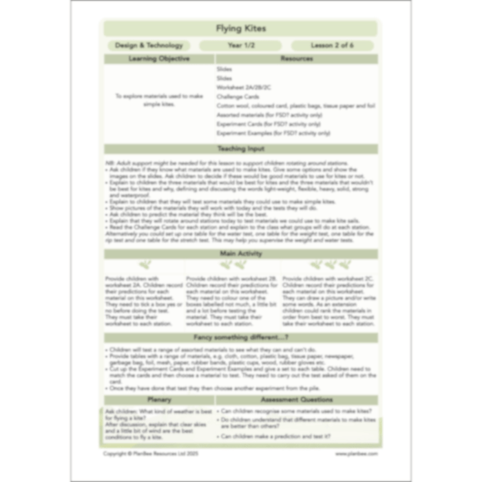 PlanBee Flying Kites KS1 DT Lesson Pack