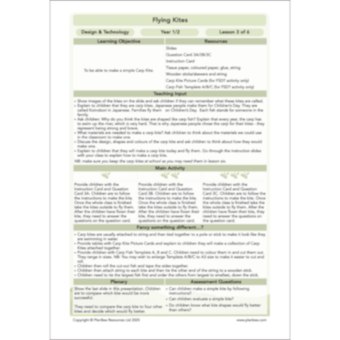 PlanBee Flying Kites KS1 DT Lesson Pack