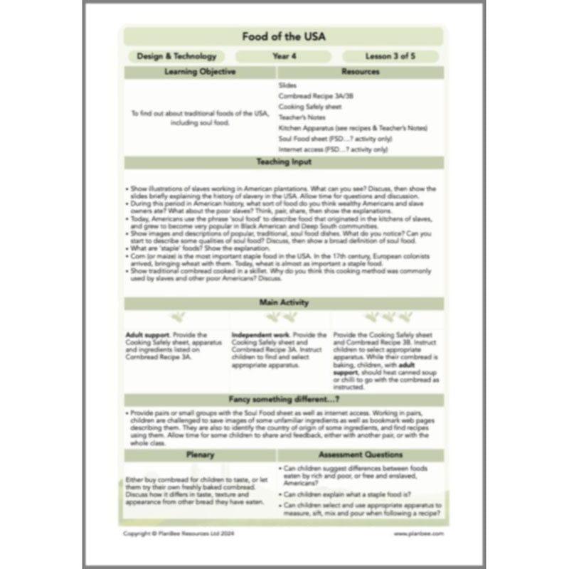 PlanBee Food of the USA KS2 DT Cookery Lessons by PlanBee