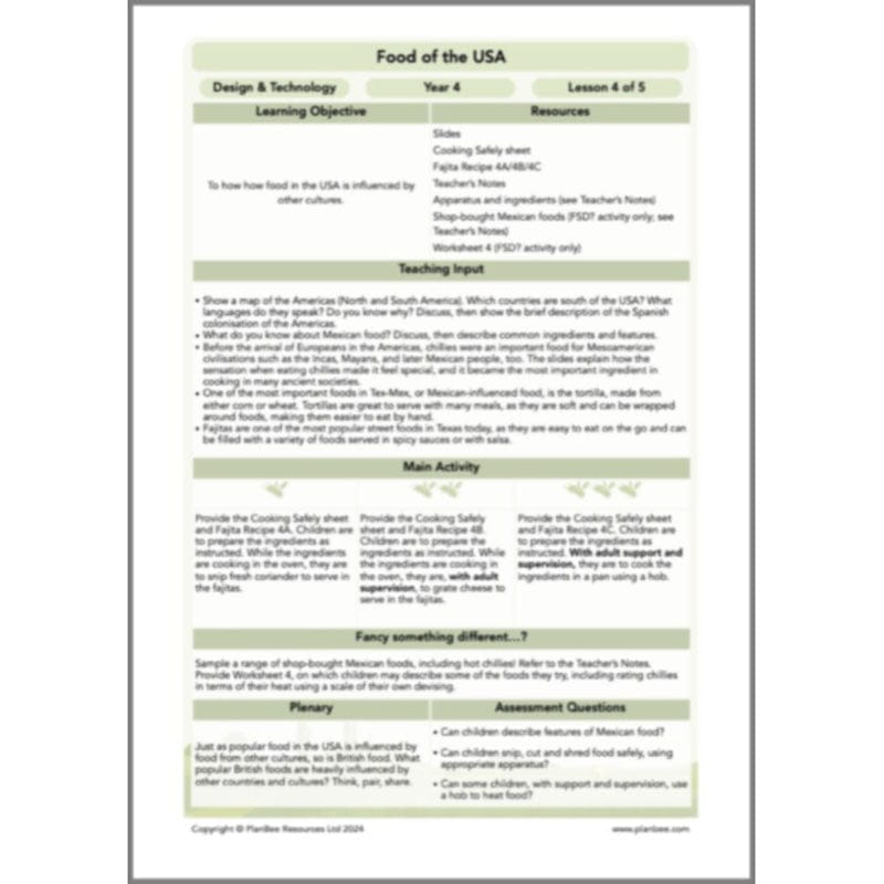 PlanBee Food of the USA KS2 DT Cookery Lessons by PlanBee