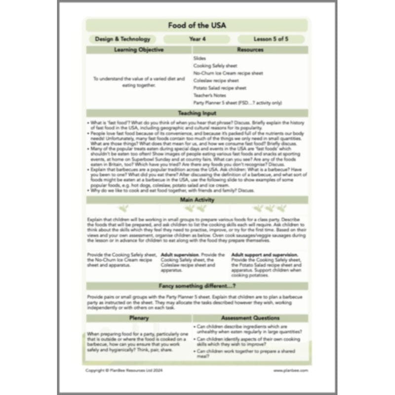 PlanBee Food of the USA KS2 DT Cookery Lessons by PlanBee
