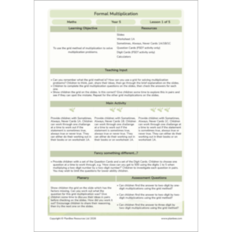 PlanBee Formal Multiplication Year 5 Maths Lessons by PlanBee