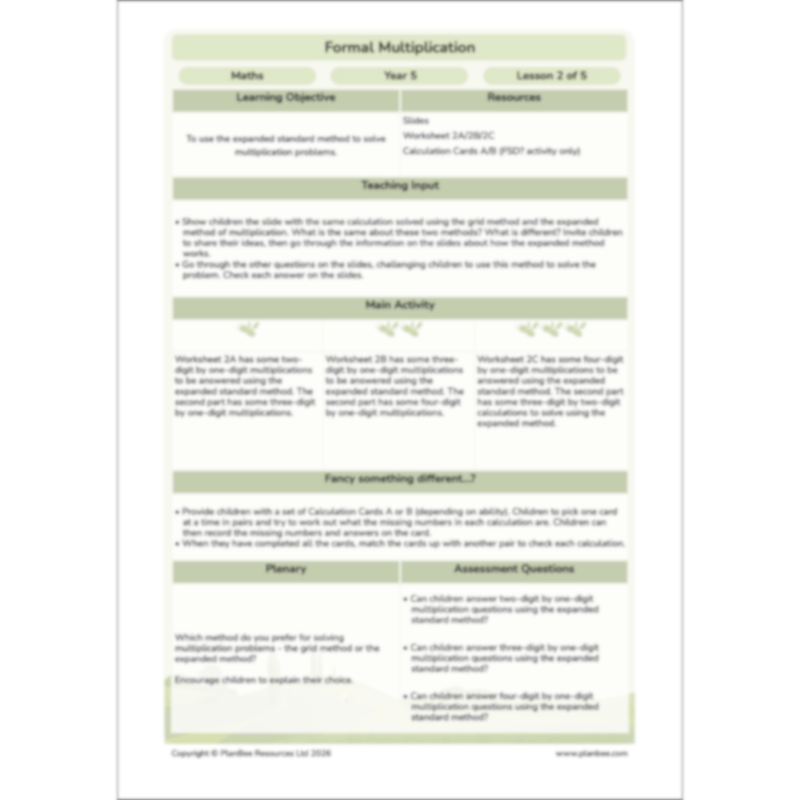 PlanBee Formal Multiplication Year 5 Maths Lessons by PlanBee