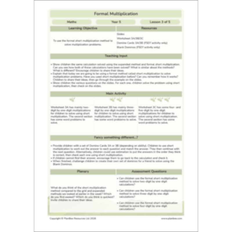 PlanBee Formal Multiplication Year 5 Maths Lessons by PlanBee