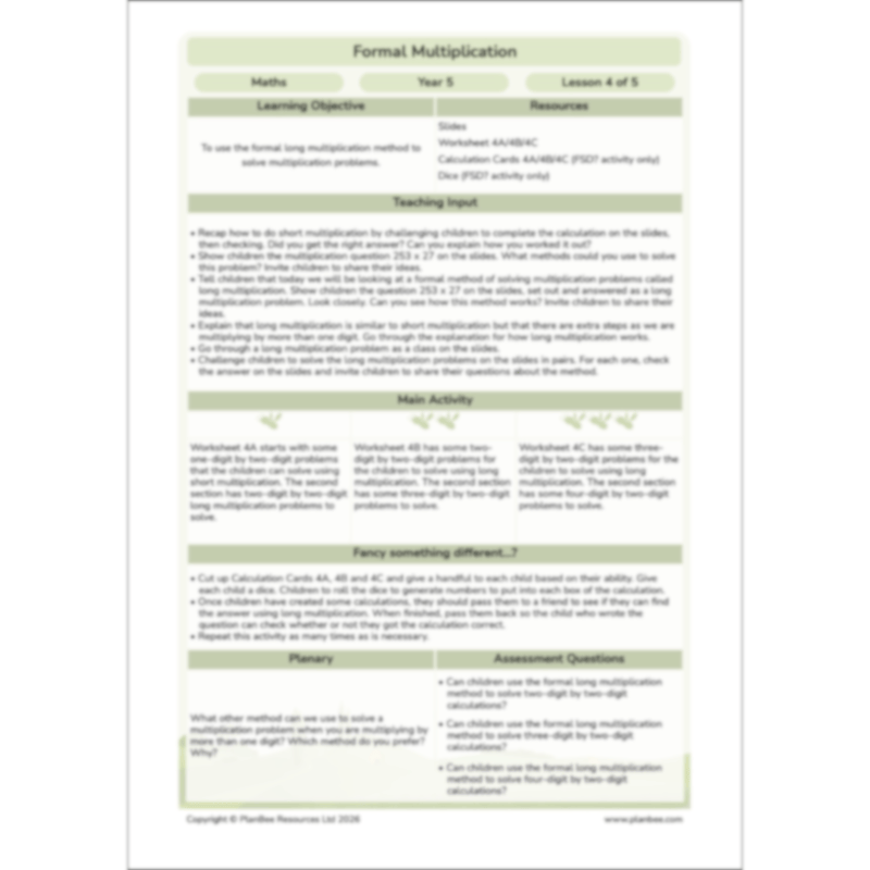 PlanBee Formal Multiplication Year 5 Maths Lessons by PlanBee